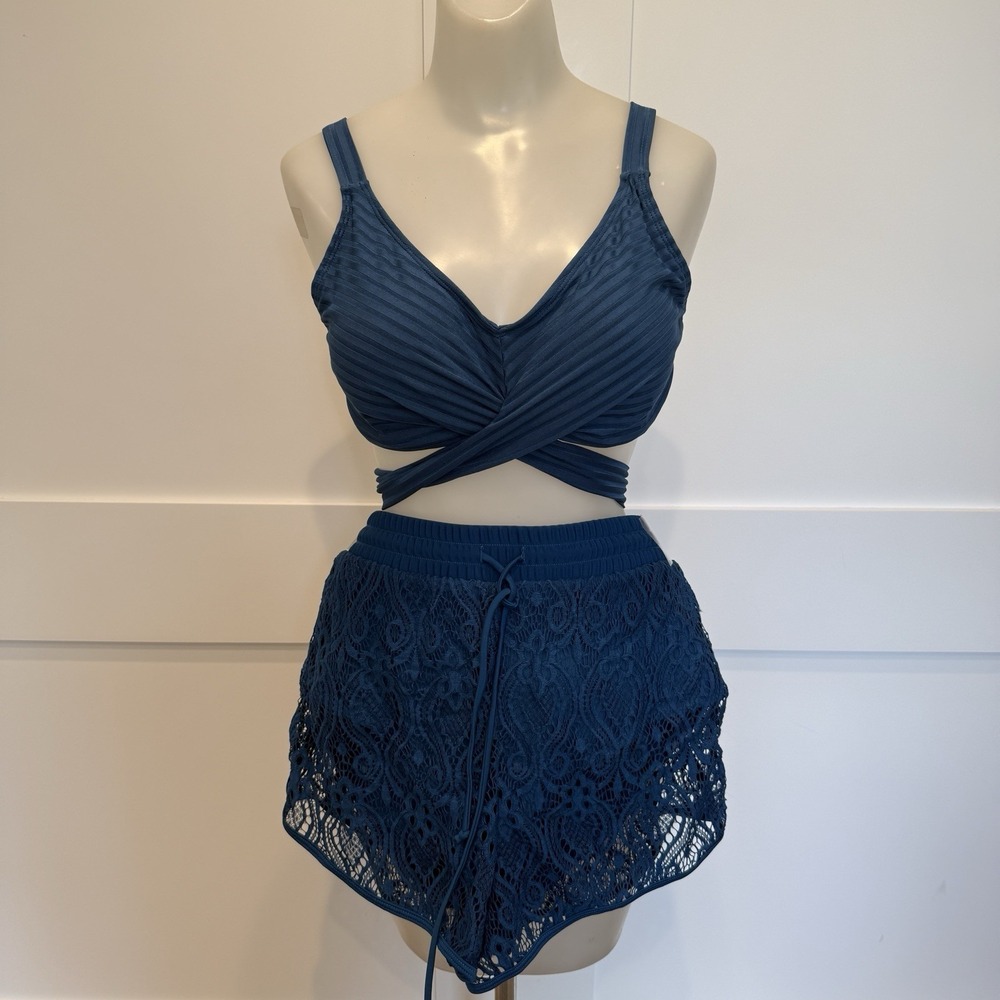 New Blue Bikini Set Lace Swim Shorts Wrap Front Top Coastal Resort Swimwear Sz L